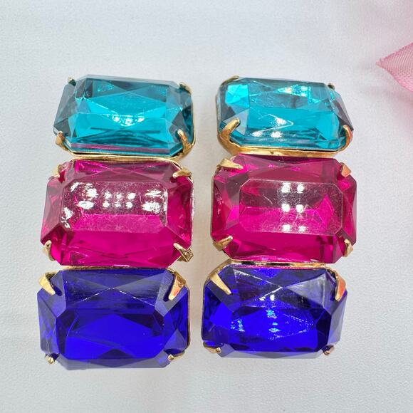 Vintage Three Rhinestone Huge Clip On Earrings Teal Fuchsia Blue 80s Mob Wife - Picture 4 of 16